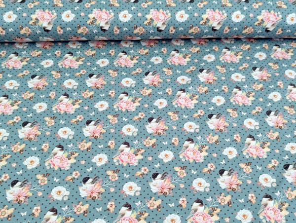 Baumwolljersey Vogel im Blumenzweig auf Punkte Jeansblau